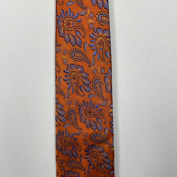 Blair Underwood Mens Neck Tie 3 ½” Rust Orange & Blue Paisley 100% Silk Handmade - Picture 2 of 10